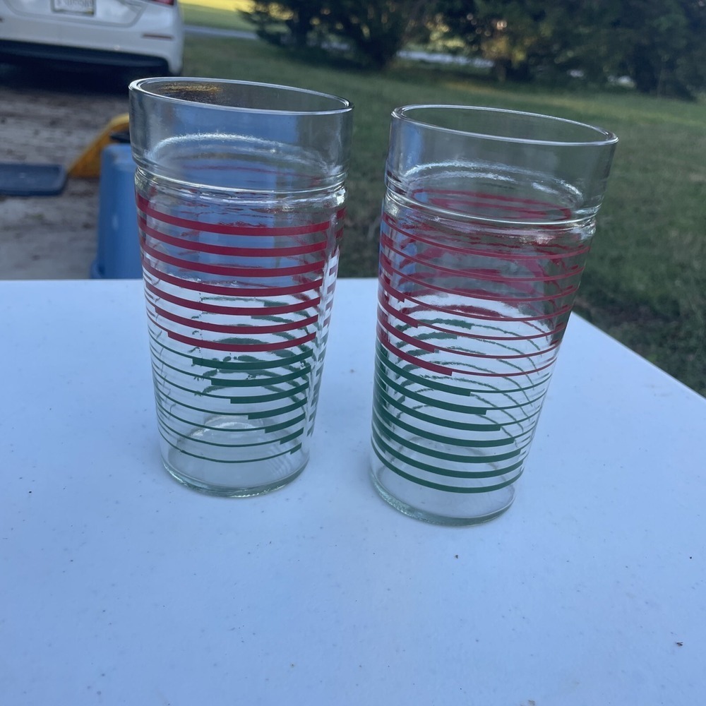 Vintage Hazel Atlas Drinking Glass Tumbler GREEN RED STRIPED Retro Set of 2